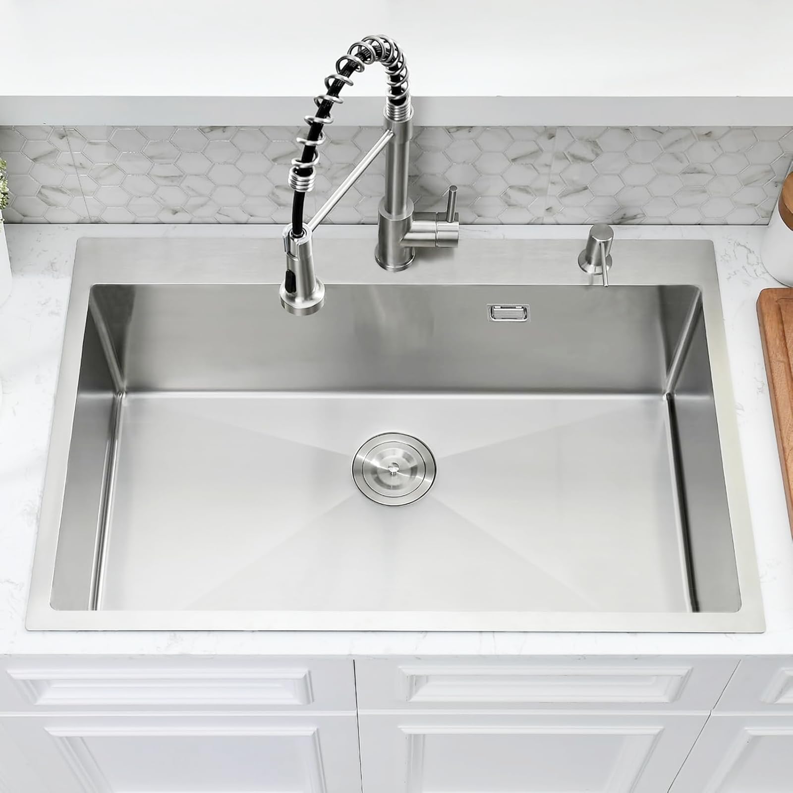 Lavello Cucina 75 x 45 cm + Rubinetto Cucina Estensibile, Lavello con Sgocciolatoio e Sifone, Lavello Cucina 1 Vasca Quadrata, Lavello Incasso con 2 Fori Rubinetto, Acciaio Inox Spazzolato