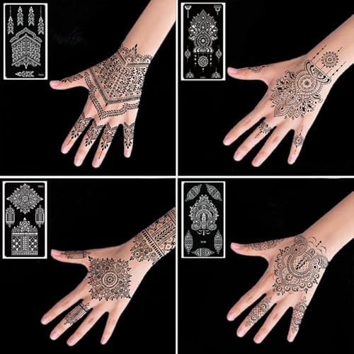 Xmasir 12 Sheets Henna Tattoo Stencils, Glitter Airbrush Hand Temporary Tattoo Stickers Indian Arabian Self Adhesive Tattoo Templates (12P-1) #TOP1