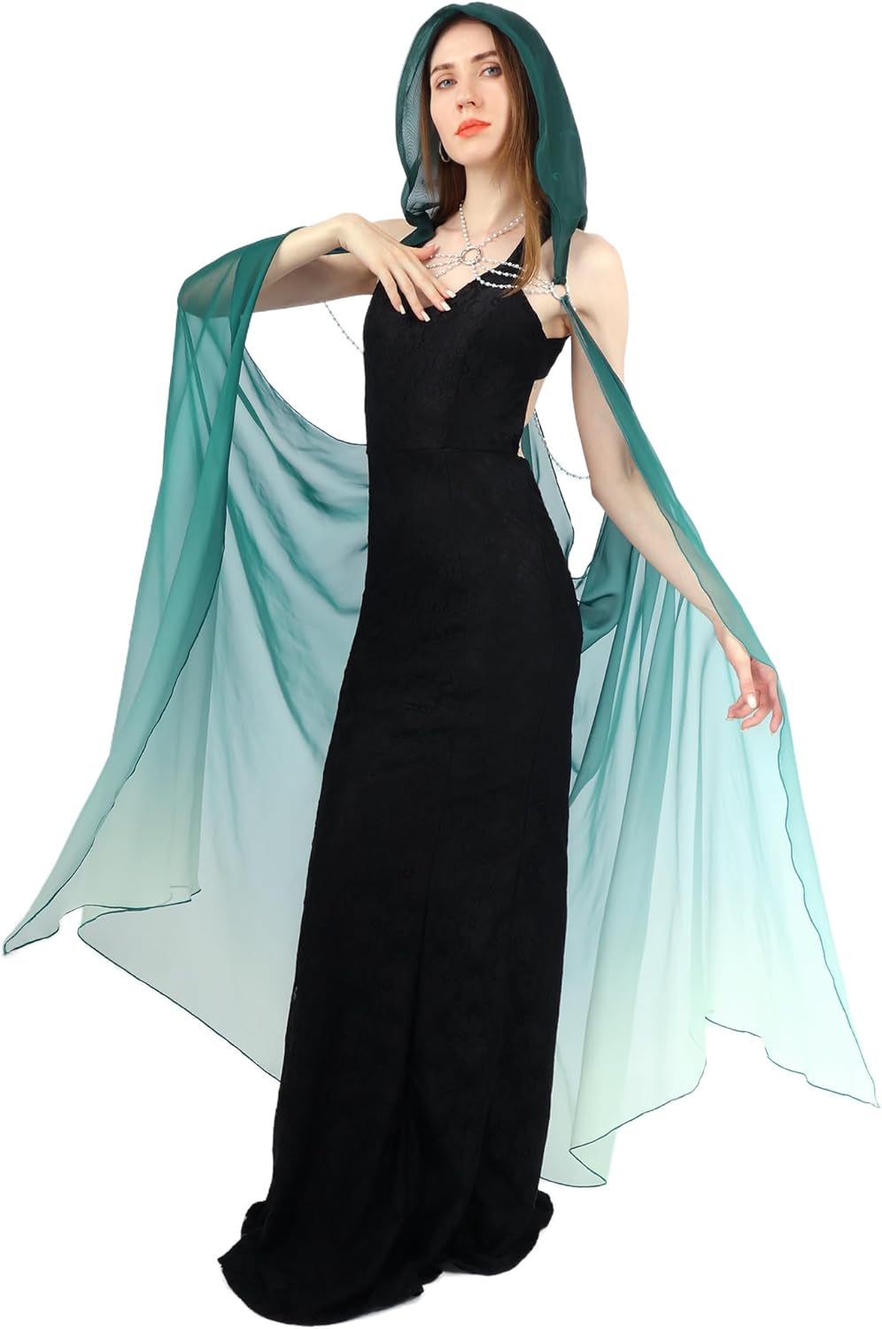KUOIN Hooded Cape for Women Tulle Gothic Fairy Cloak Off Shoulder Fantasy Capelet Full Length 112CM - Image 2