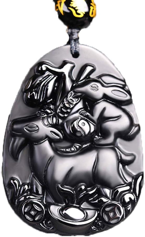 Natural Black Obsidian Beads Necklace Hand-Carved Zodiac Sheep Rabbit Jade Pendant Fashion Charm Jewellery Amulet Gifts Jewelry