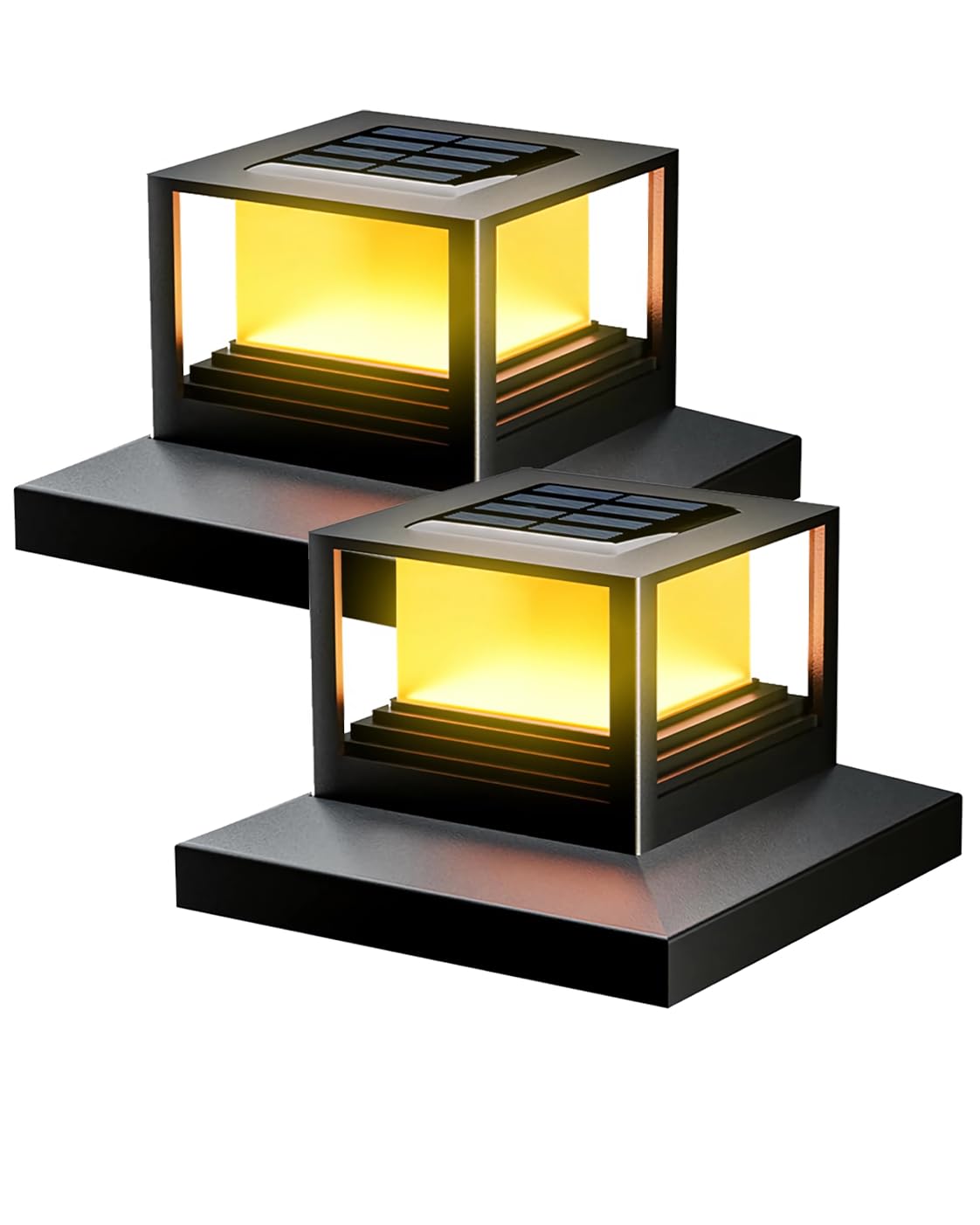 Farola Solar Exterior, 2 Piezas Luces Exterior Sobremuro, Luz Solar para Postes de Valla 8x8 9x9 10x10cm, IP65 Impermeable, 2 Modos, para Jardín Valla Terraza Postes de Madera