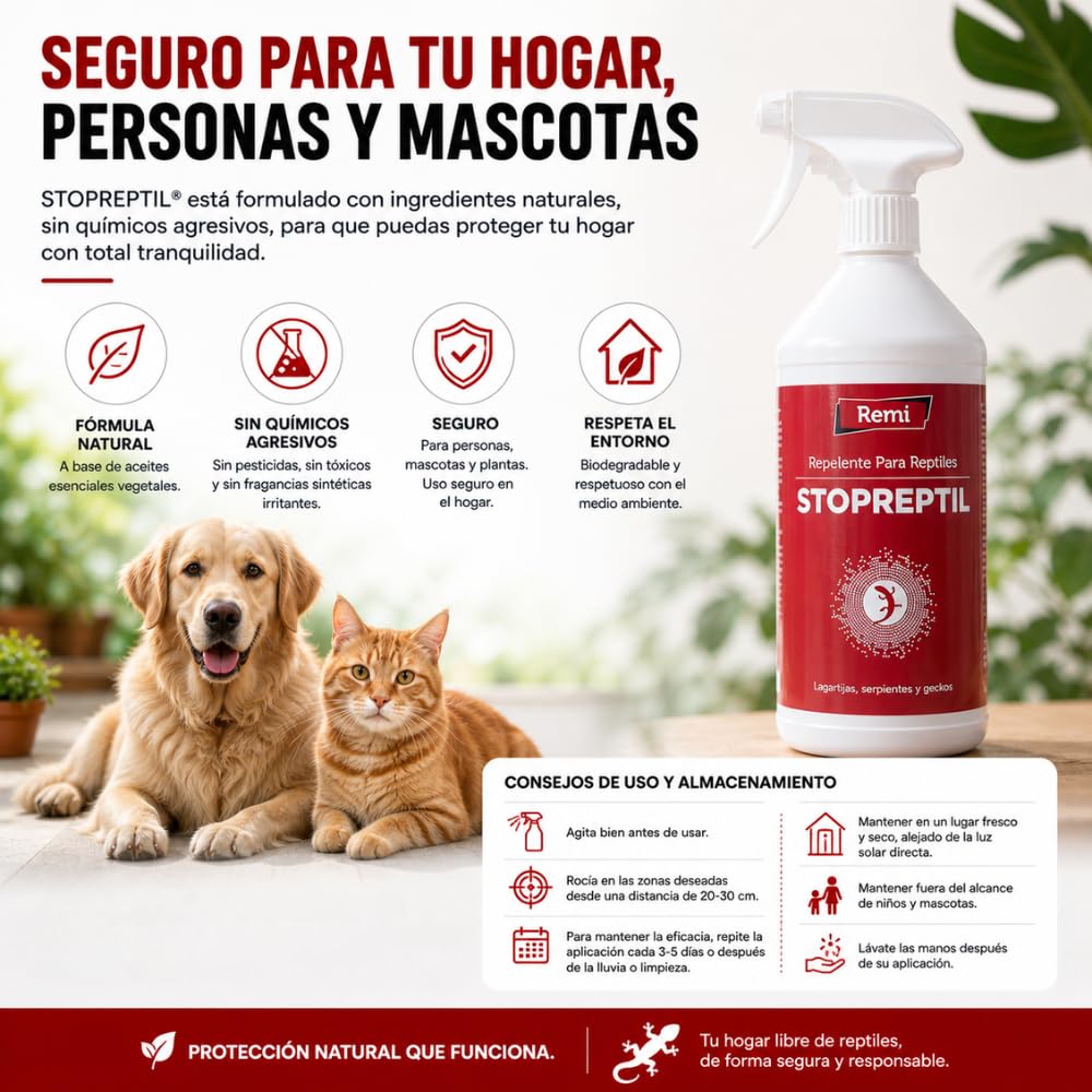 Remi Hogar | Repelente para Reptiles, en Aerosol | para Serpientes Lagartijas Salamanquesas Geckos | Spray Repelente Deshabituante | Sin venenos | Sin productos nocivos | 750 ml