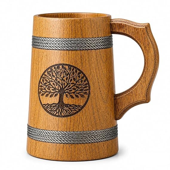 Image of Handmade Wooden Beer Mug, Wood with Sheesham Finish, Barrel Style, Lightweight & Durable, for Craft Beer, Home Bar, Cafe, Party, Gift(350ml) (Tree Inprint)