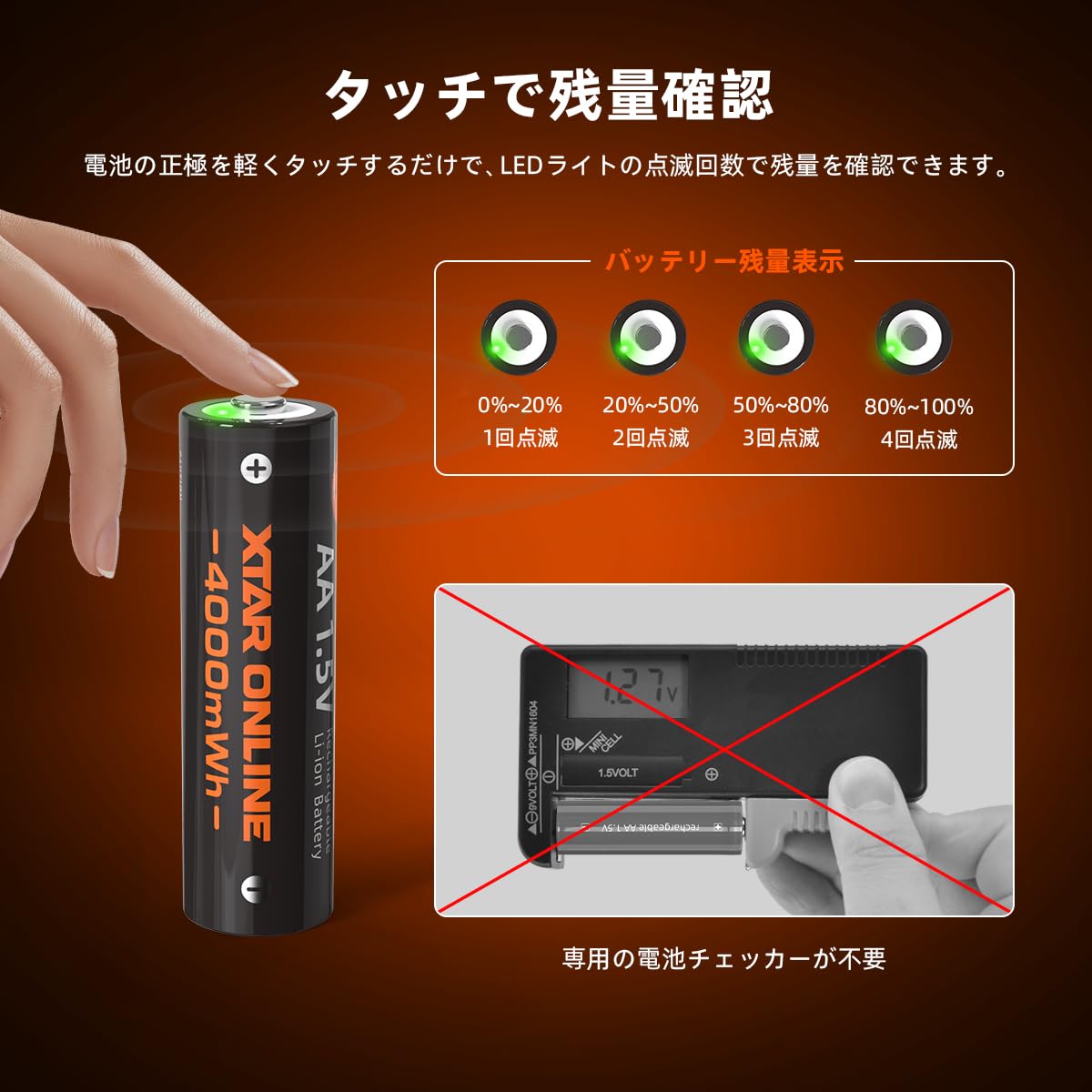 XTAR 新型 1.5V 充電池 単3形 4000mWh AA 電池 高出力 最大3A放電 タッチ式残量表示 繰り返し充電が約1500回可能 単三リチウムイオン 4本 充電器付属 - 2