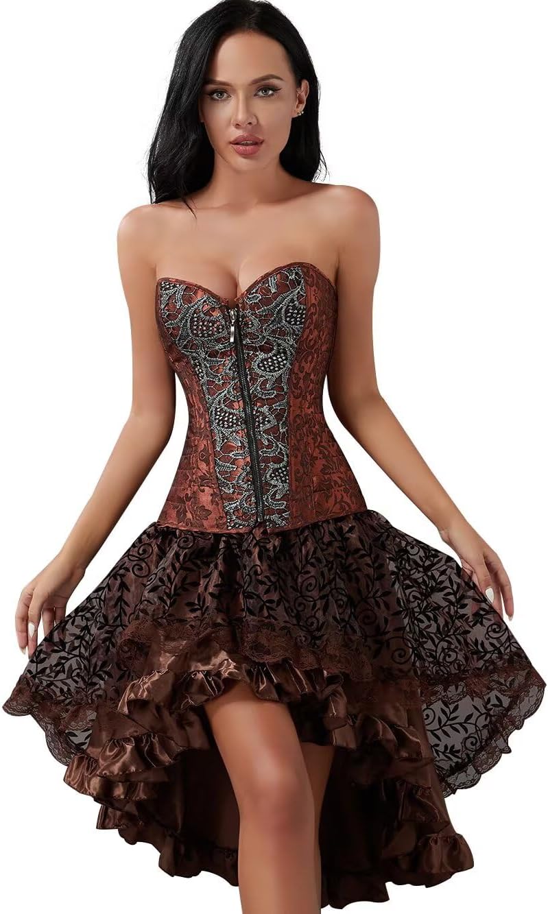Jutrisujo Steampunk Corset Dress Top Set Plus Size Bustier Outfit Vintage Lingerie Lace up Gothic Pirate Costume