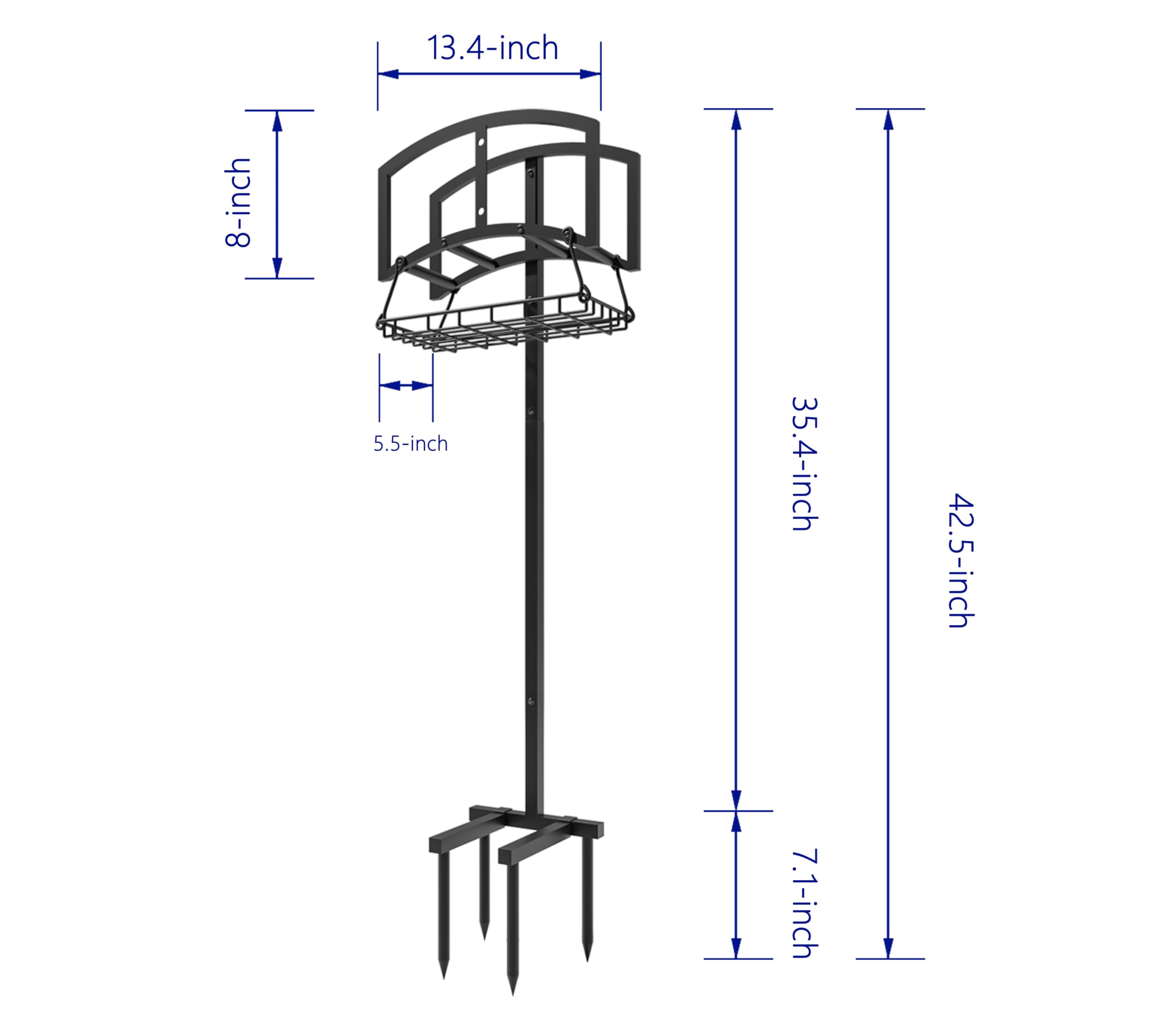 Soporte para manguera de jardín con cesta de almacenamiento, organizador de manguera independiente resistente, recubierto de polvo negro, diseño desmontable con capacidad para manguera de 150