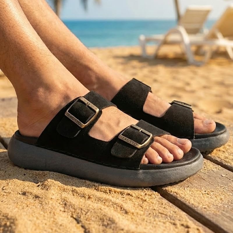Image of FAUSTO Men Open Toe Buckle Strap Stitched Waterproof Sandals|Soft Cushioned Insole|Summer Slip-On Slipper|Perfect For Monsoon Rainy Season