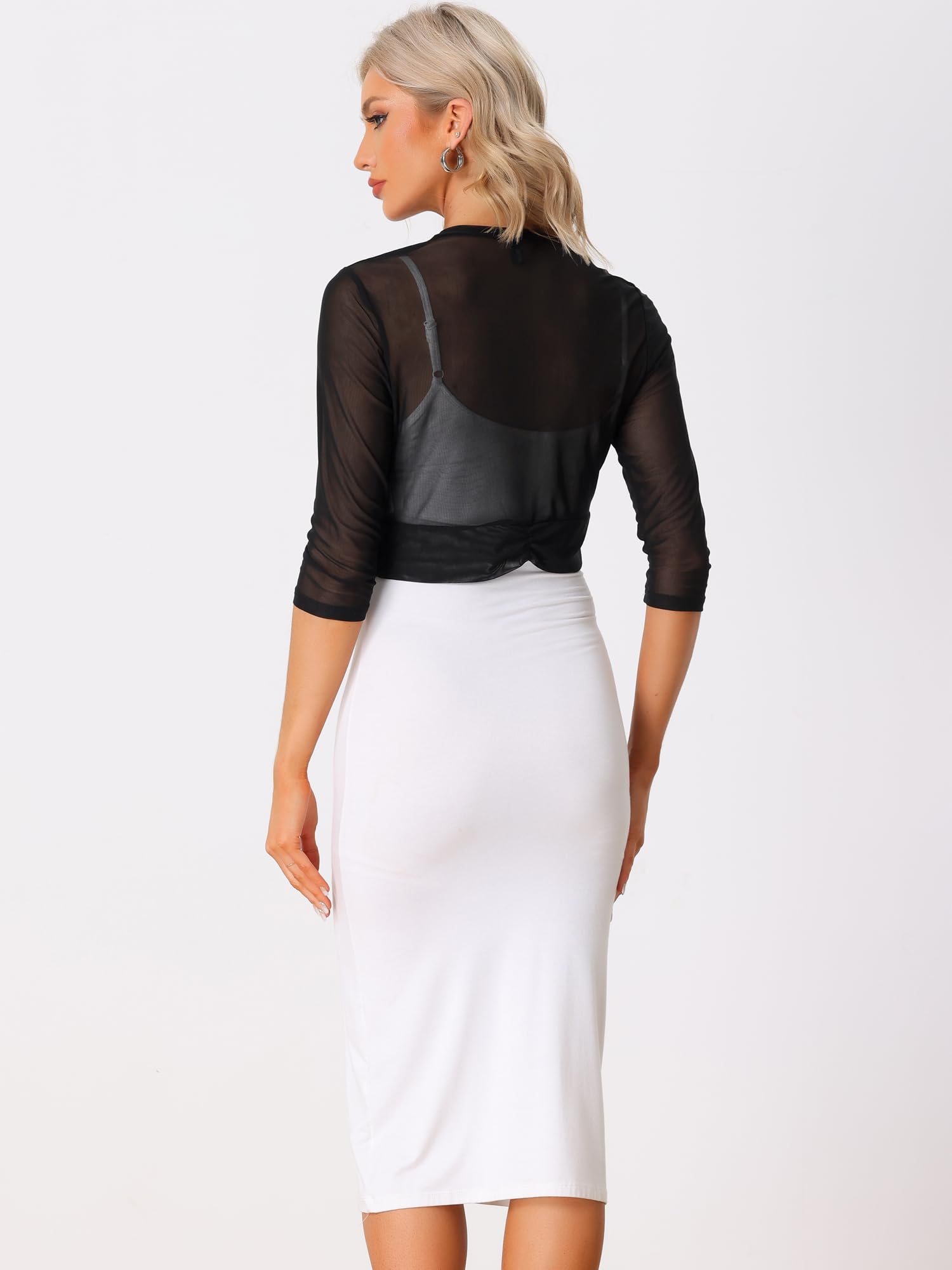 Allegra K Gilet Transparent Femme Boléro Mousseline de Soie Devant Ouvert Manches 3/4 Cardigan Court Léger