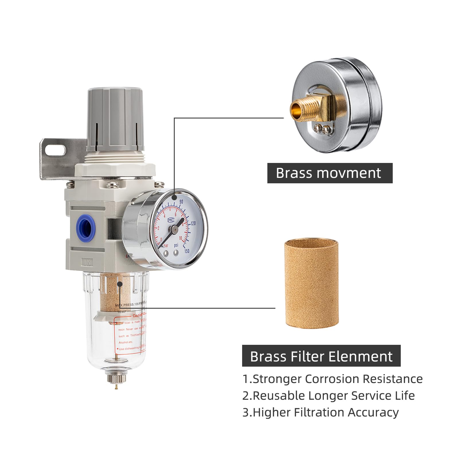 Pneumatic Air Compressor Filter Regulator Combo 1/4" NPT 150 PSI w/Adjustable Gauge-Water Separator,Metal Bracket,Manual Drain,5 Micron Brass Cartridge — Amazon image 4