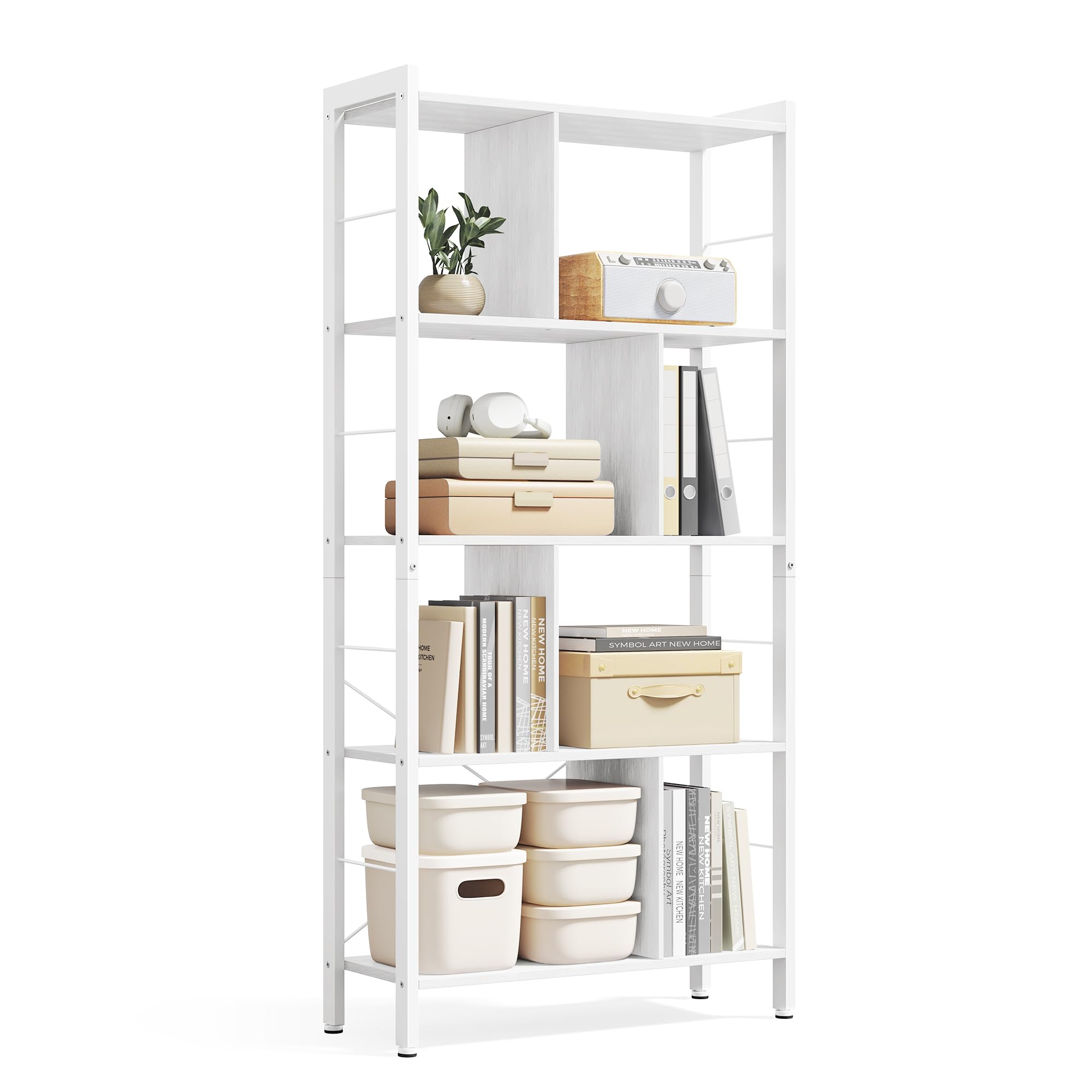 VASAGLE Regal, Bücherregal, Büroregal mit 5 Ebenen, Standregal, Aufbewahrungsregal, groß, Metallgestell, ahornweiß-wolkenweiß LBC012W44