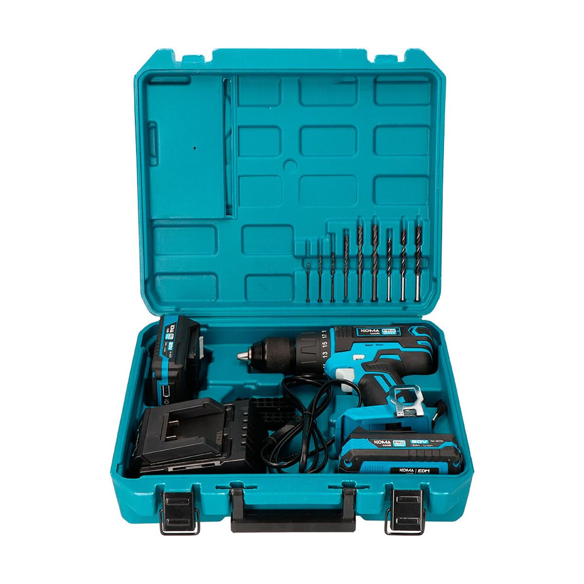 KOMA TOOLS 08750 zestaw wierteł udarowych, 20 V i ładowarka, różne kolory, 34,5 x 30,5 x 10,3 cm
