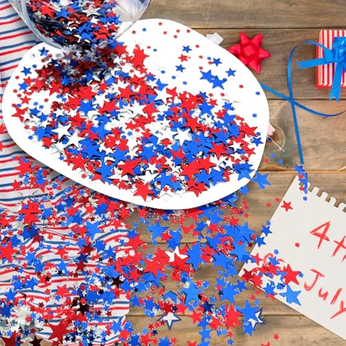 Image of 60g /2.1oz Patriotic Star Confetti - Bulk Red, White, and Blue Metallic Foil Twinkle Stars Sequins for 4th of July Celebration, Memorial Day, Veterans Day, Election Party Table Decorations
