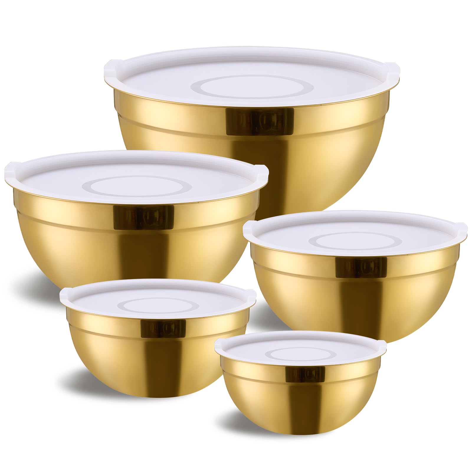 Gold Rührschüsseln mit luftdichten Deckeln, Edelstahl Nesting Mixing Bowls Set von 5 Stück, ideal zum Backen, Zubereiten und Servieren von Lebensmitteln, Größe 5,5, 3,6, 2,7, 2,1, 1,5, QT