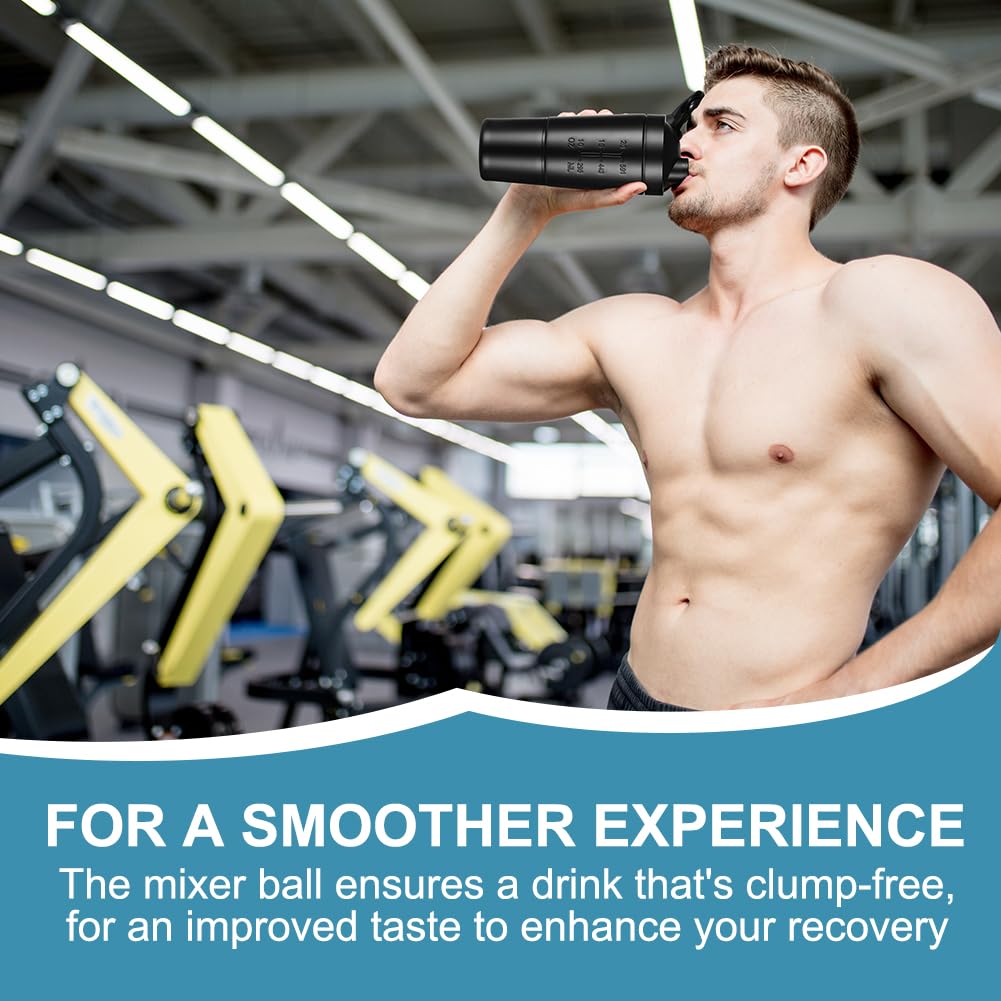 ACWOO Shaker per Proteine in Acciaio Inox Bottiglia, 700 + 200 ML Shaker Steel con Scomparto per Polvere e Miscelatore Sfera, per Bevande Proteiche per Gli Appassionati di Sport All'aria Aperta