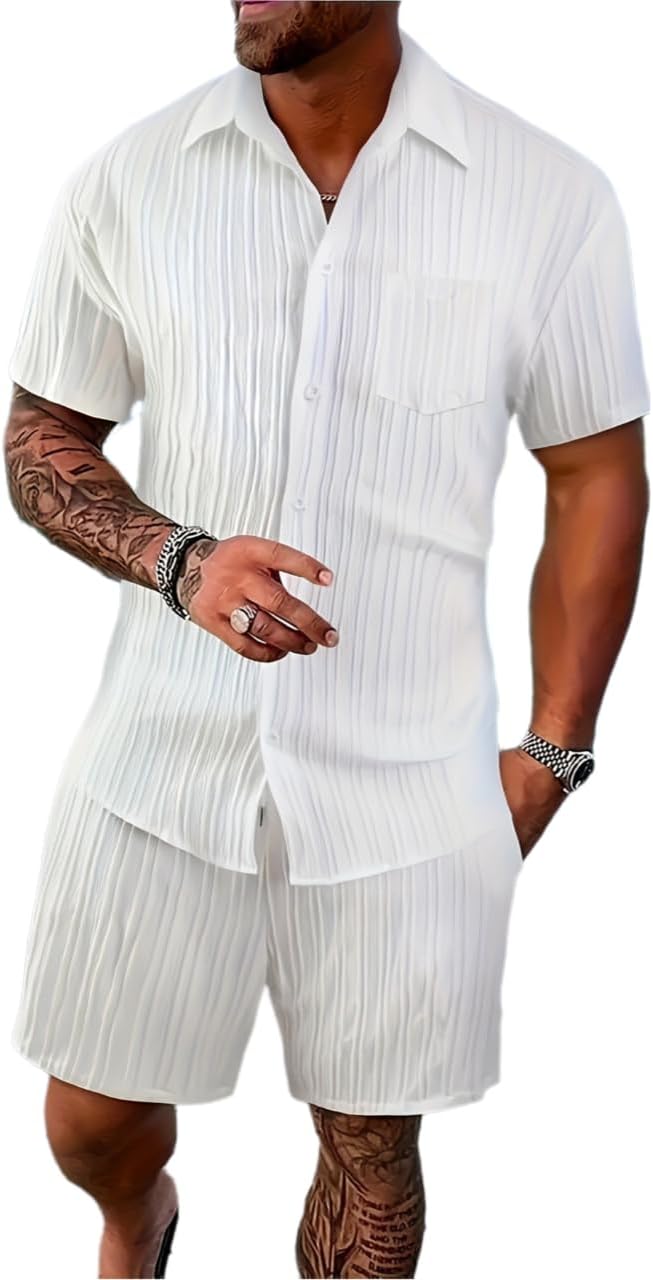 Men's Tropical Vacation Short Sleeve Button Down Shirt and Shorts Matching Set Summer Beach Casual Wear