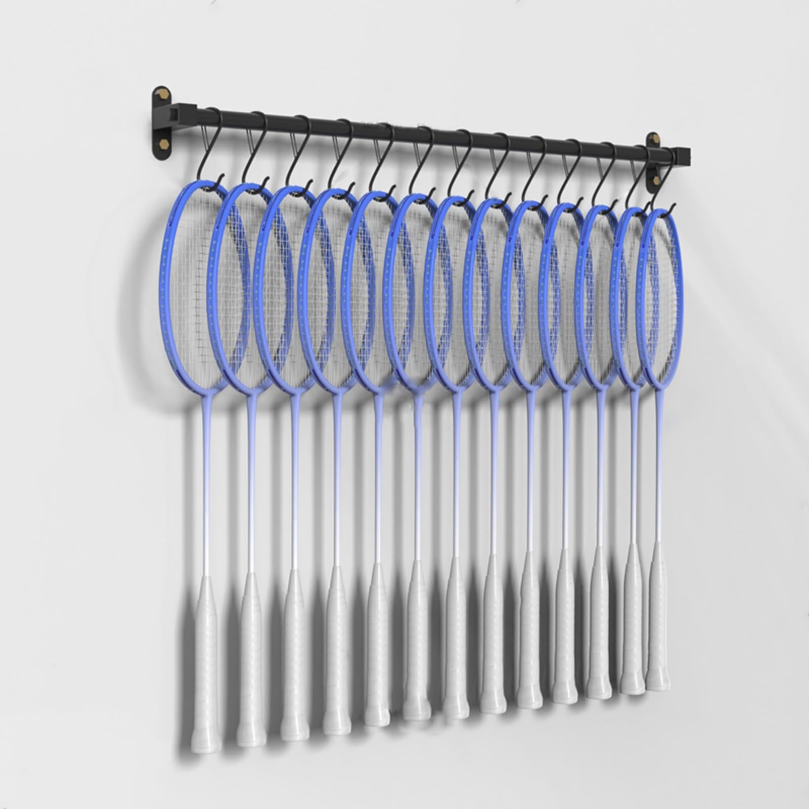 Supporto per racchette da parete con gancio a S, espositore nero per racchette da badminton / tennis, da appendere, per casa, ufficio, garage, attrezzatura sportiva, risparmio di spazio