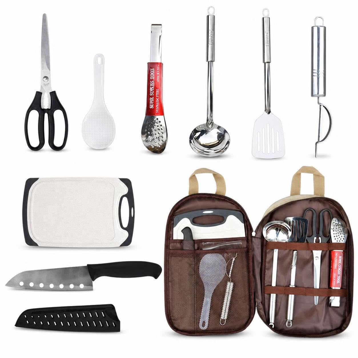 Juego Unsilios Cocina Camping Acero Inoxidable para Acampada y Actividas al Libre, Caqui