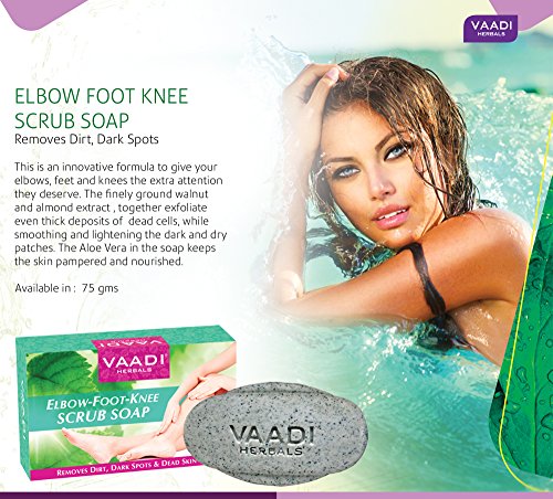 Image of Vaadi Herbals Elbow Foot Knee Scrub Soap with Almond and Walnut Scrub, 75g x 3 and Vaadi Herbals Super Value Luxurious Saffron Skin Whitening Therapy Soap, 75g (Pack Of 6)