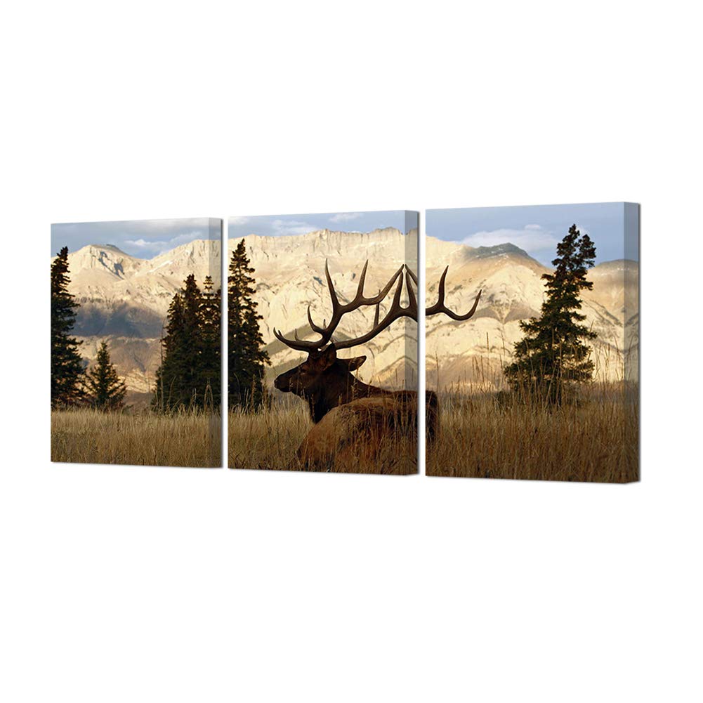 HOMEOART Canvas Prints Elk Pictures Wildlife Animal Deer in Autumn Forest Painting Giclee Artwork Framed Ready to Hang 12"x16"x3 Panels