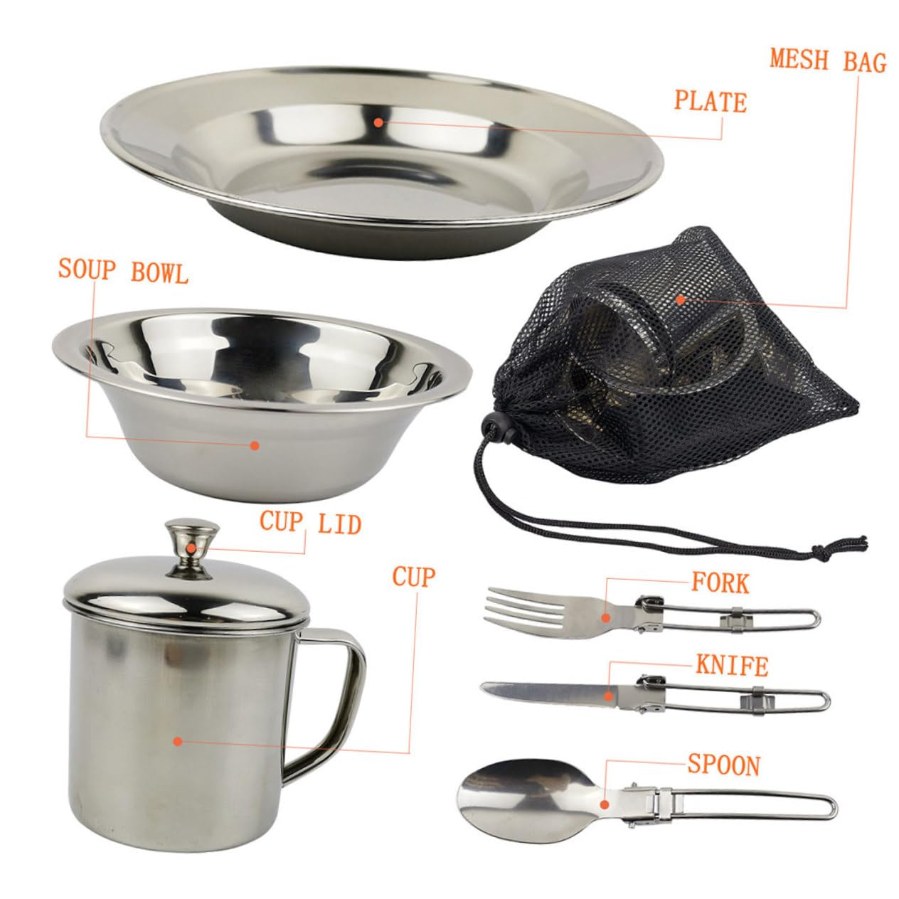 BESPORTBLE Outdoor Cooking Kit Portable Stainless Steel Cookware 1-2 Person Camping Pot Picnic Dinnerware Set