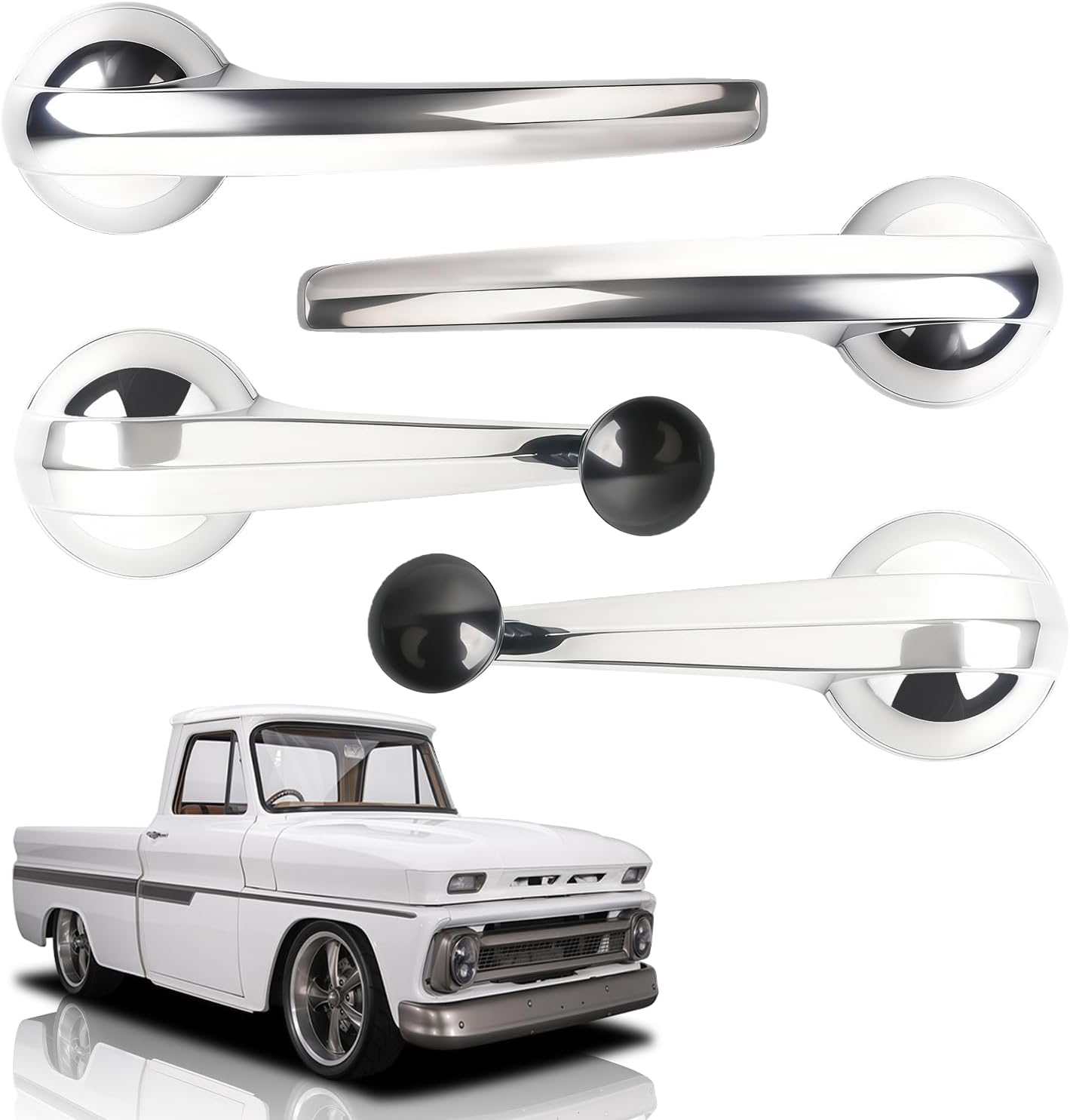 4PCS Interior Door Handle & Window Crank Handle Set Compatible with Chevy GMC Pickup Truck 1947-1966 Chrome Inside Handle Replaces C476601 C476602