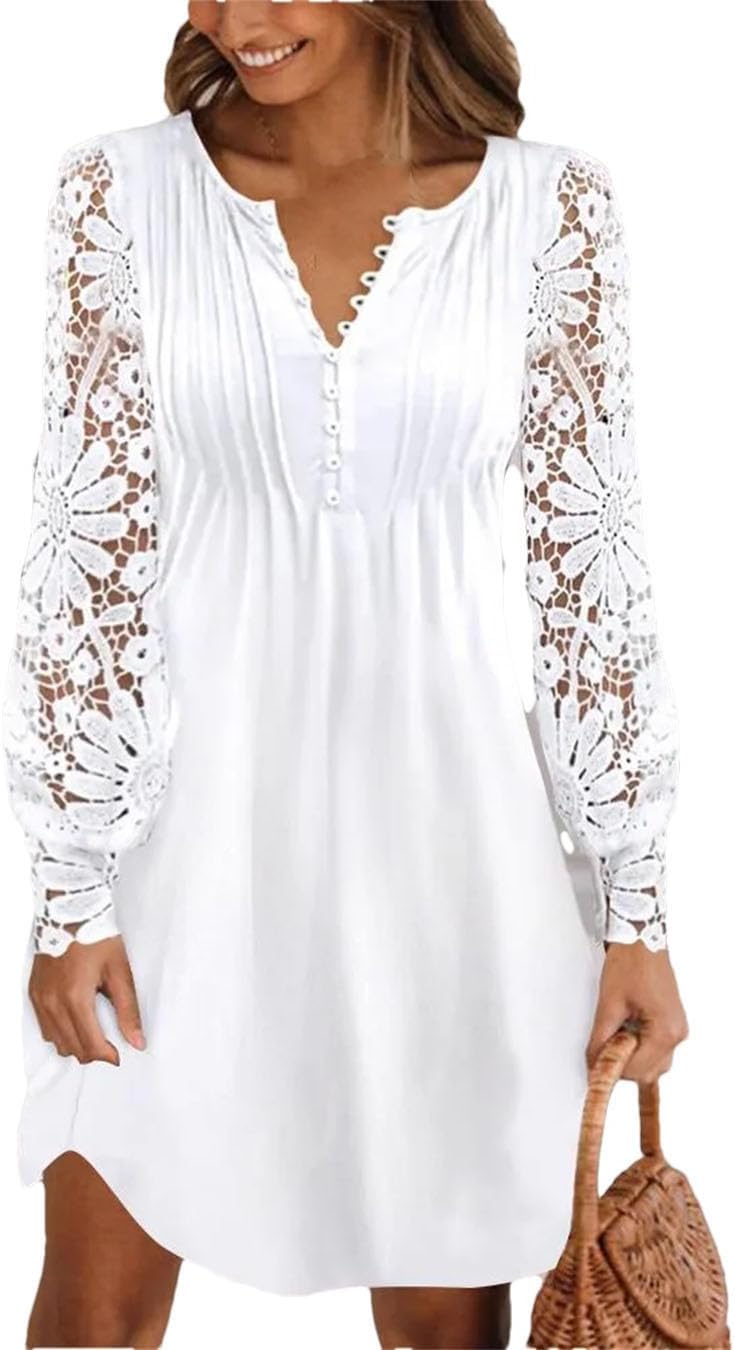 Women Lace Short Dress Long Sleeve Solid Color Dress Bohemian Loose A-LINE Dress