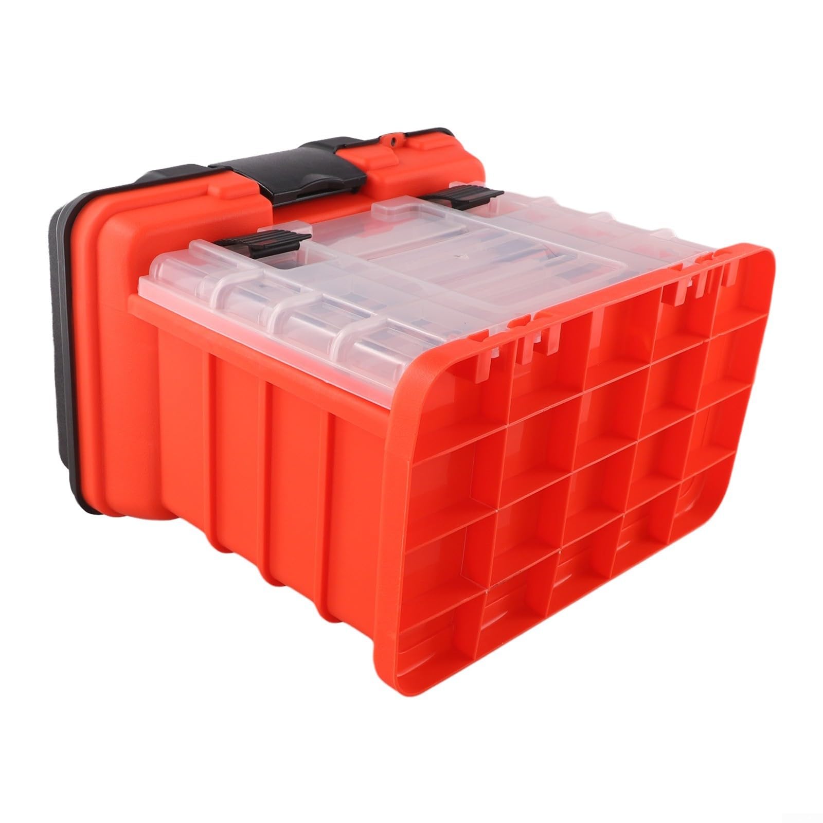 Caja de aparejos de pesca, estuche de almacenamiento portátil de 4 capas con mango de asiento plegable, cerraduras gruesas para carretes de líneas de engranaje, negro (naranja)