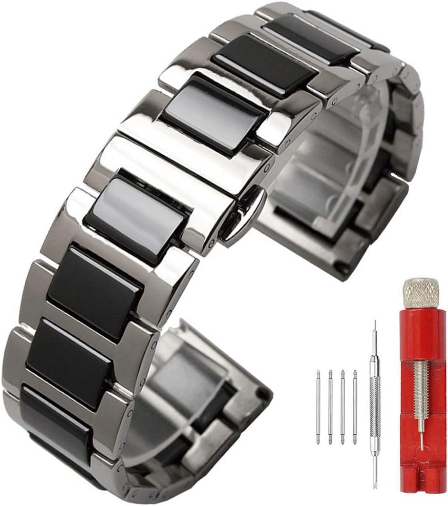 Luxury Black White Blue Green Brown Pink Ceramic Watch Band Stainless Steel Watch Bracelets Deployment Clasp Metal Watch Strap for Men Women 14mm 16mm 18mm 20mm 22mm