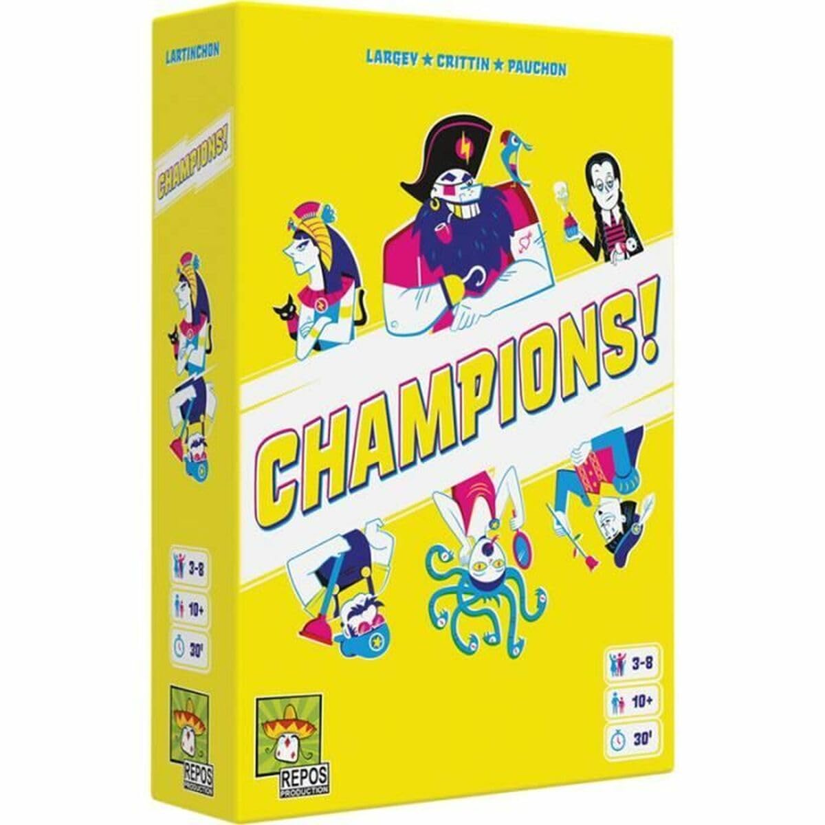 Asmodee - Champions! - Jeu d'Ambiance Adultes et Enfants dès 12 Ans - Votez pour Le Champion! - Jeu de Cartes Interactif & Créatif -​Jeu de Société 3-​8 Joueurs -​30 Min -​en Français - Repos Production