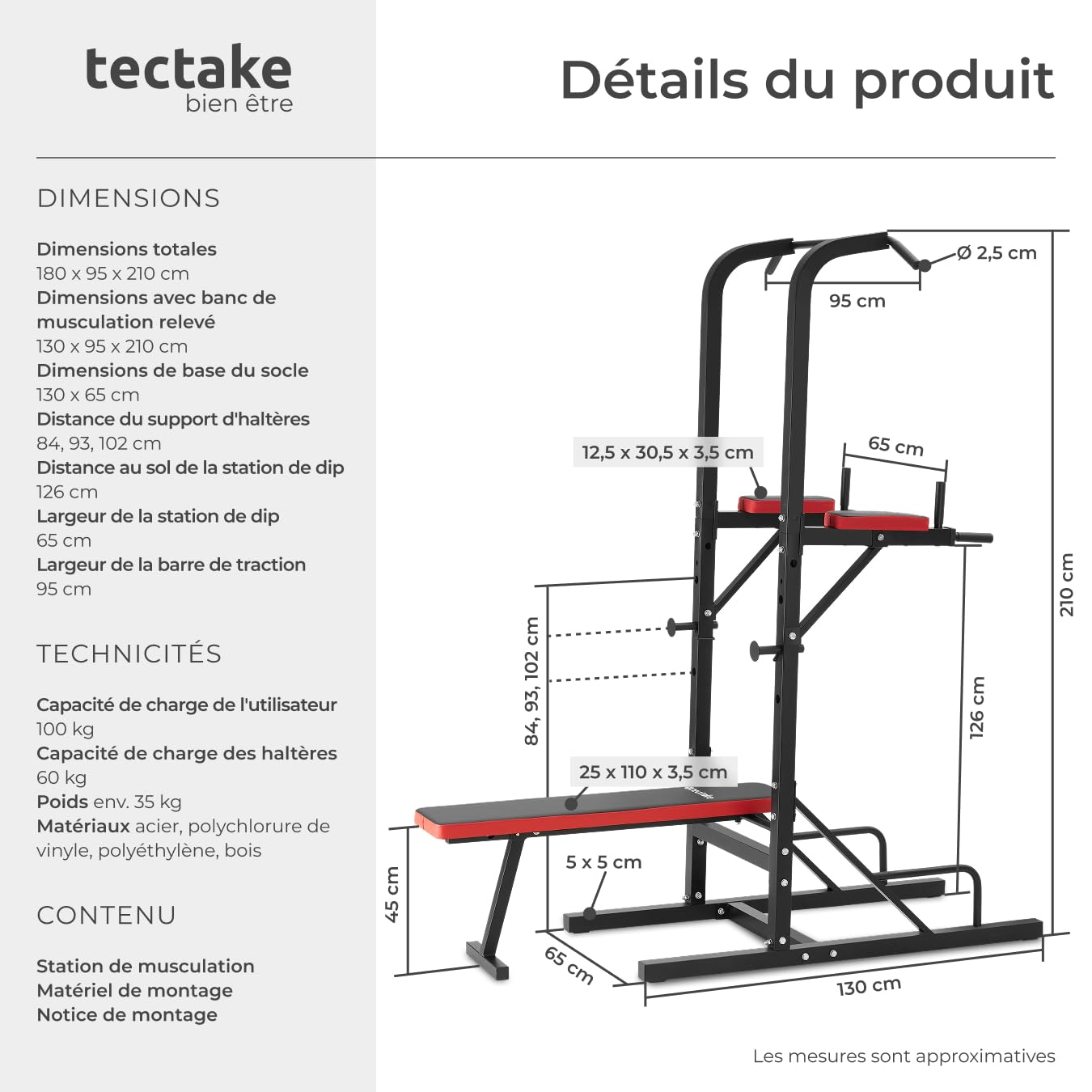 tectake® Station de Musculation Cage de Musculation Banc de Musculation Pliable Barre de Tractions Appareil Musculation Banc d'haltères Barre Musculation Sport Maison Fitness 180 x 95 x 210 cm