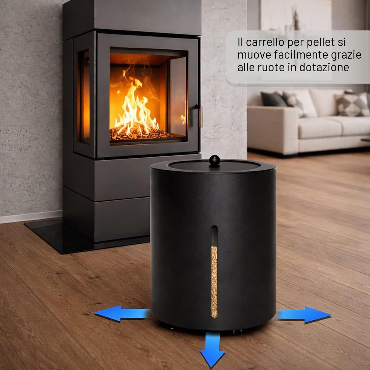 MS Beschläge Contenitore per pellet con rotelle, rotondo, ø 38 cm, nero, rivestito in metallo, altezza 50 cm