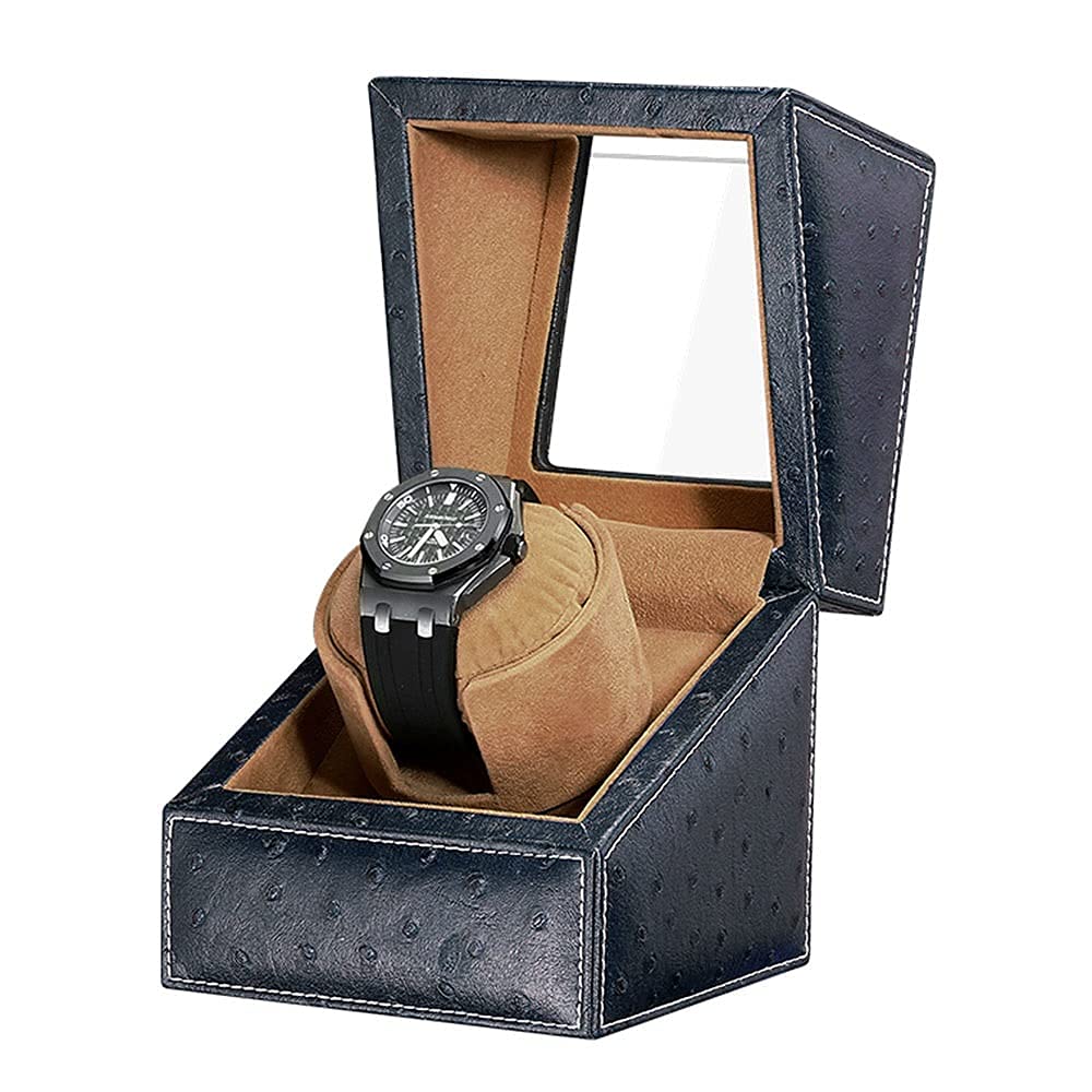 QUSYZD Automatic Single Watch Winder for Luxury Watches - Watch Winder Box with Quiet Motor, Premium Leather Exterior and Soft Flexible Watch Pillows of Velvet,Blue Leather