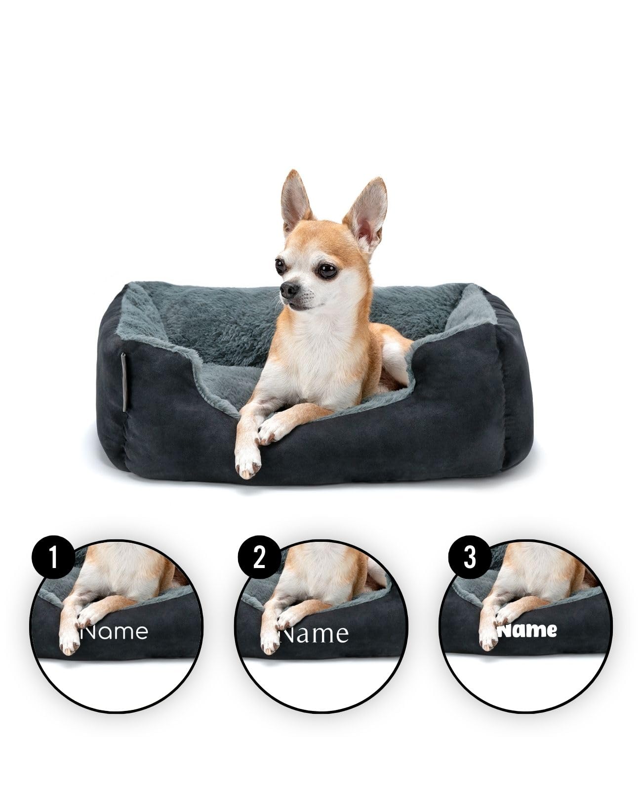 lionto Cama para Perros con cojín Reversible y Base Antideslizante, cojín para Mascotas con Entrada Baja para Perros y Gatos, 50x37 cm, cojín para Perros Acogedor, Negro/Gris (con Nombre Impreso)