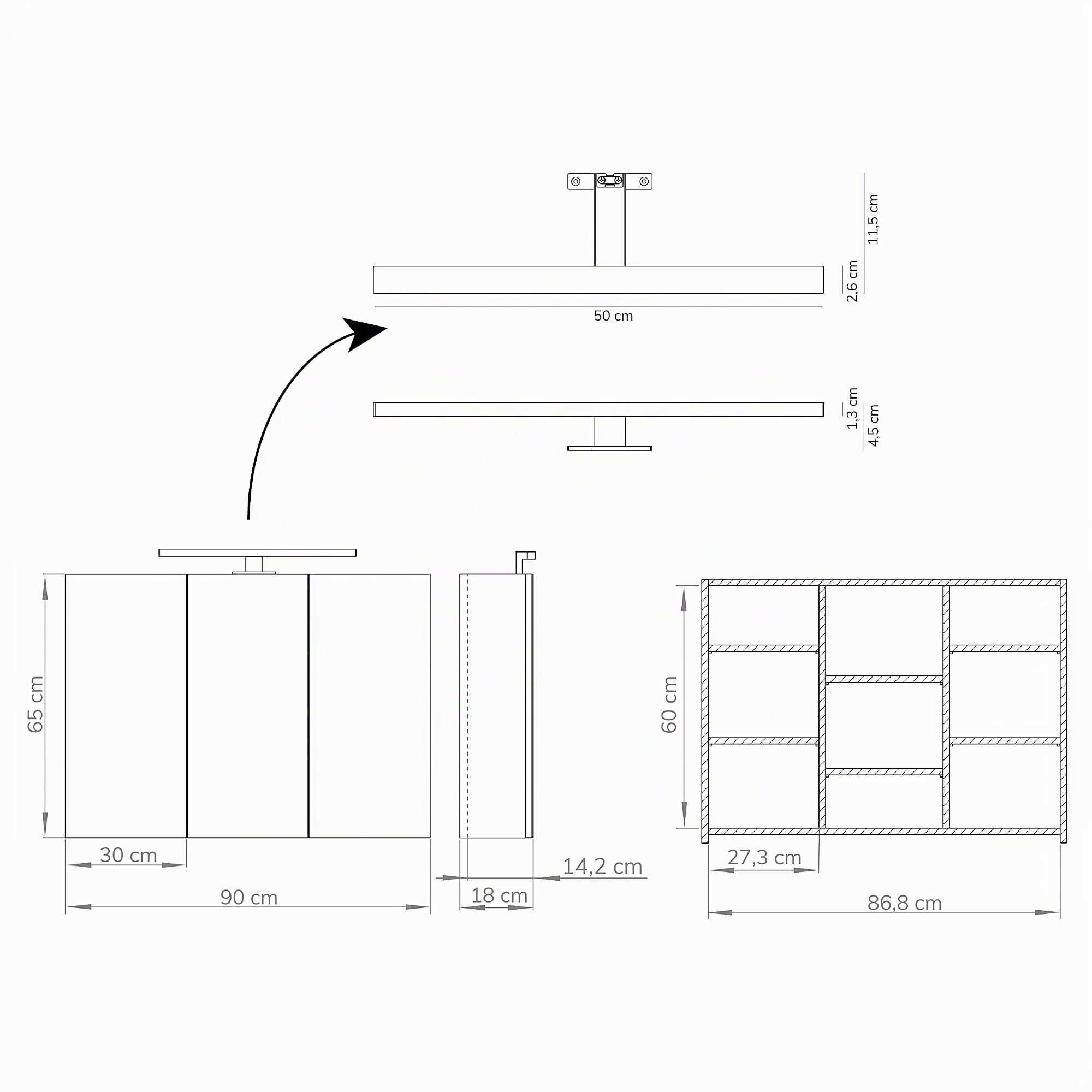 Baikal Mueble Camerino con Espejo, Armario Auxiliar de Baño Multiusos, Opción con o sin Luz LED. Mueble de Pared de fácil colocación. Armario MONTADO. Acabado Blanco. Camerino LED 90 cm