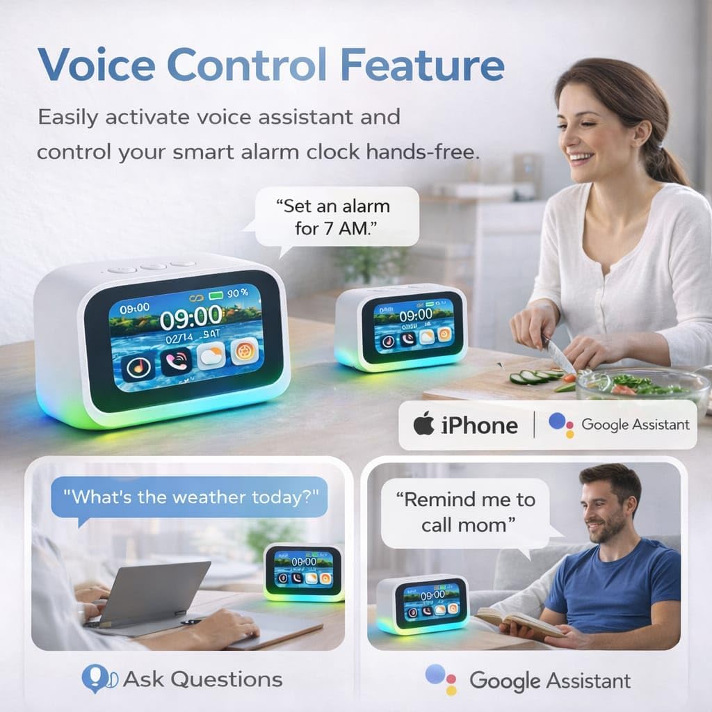 CBK AI Voice Assistant Smart Digital Alarm Clock with Wireless Bluetooth 5.4 Speaker & Dynamic RGB Light,HI-FI Stereo Sound,HD Large Touchscreen Display, Hand Free Calling,Weather Forecast (White) 3