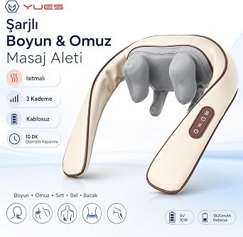 YUES  arjl  Boyun Omuz Masaj Aleti, Is tmal  Kablosuz 4D Masaj Cihaz , 3 Kademe Masaj Se ene i, 1800 mAh Batarya, S rt Bel Bacak Kullan m na Uygun