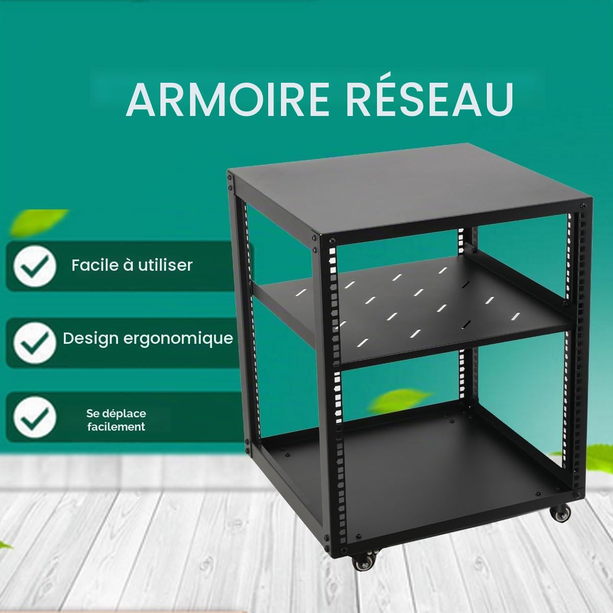 Rack de Serveur à Cadre Ouvert 12U Support de Serveur réseau autoportant, Universal 19 Pouces Rack Serveur Mobile avec 4 Roues pour équipement IT/réseau