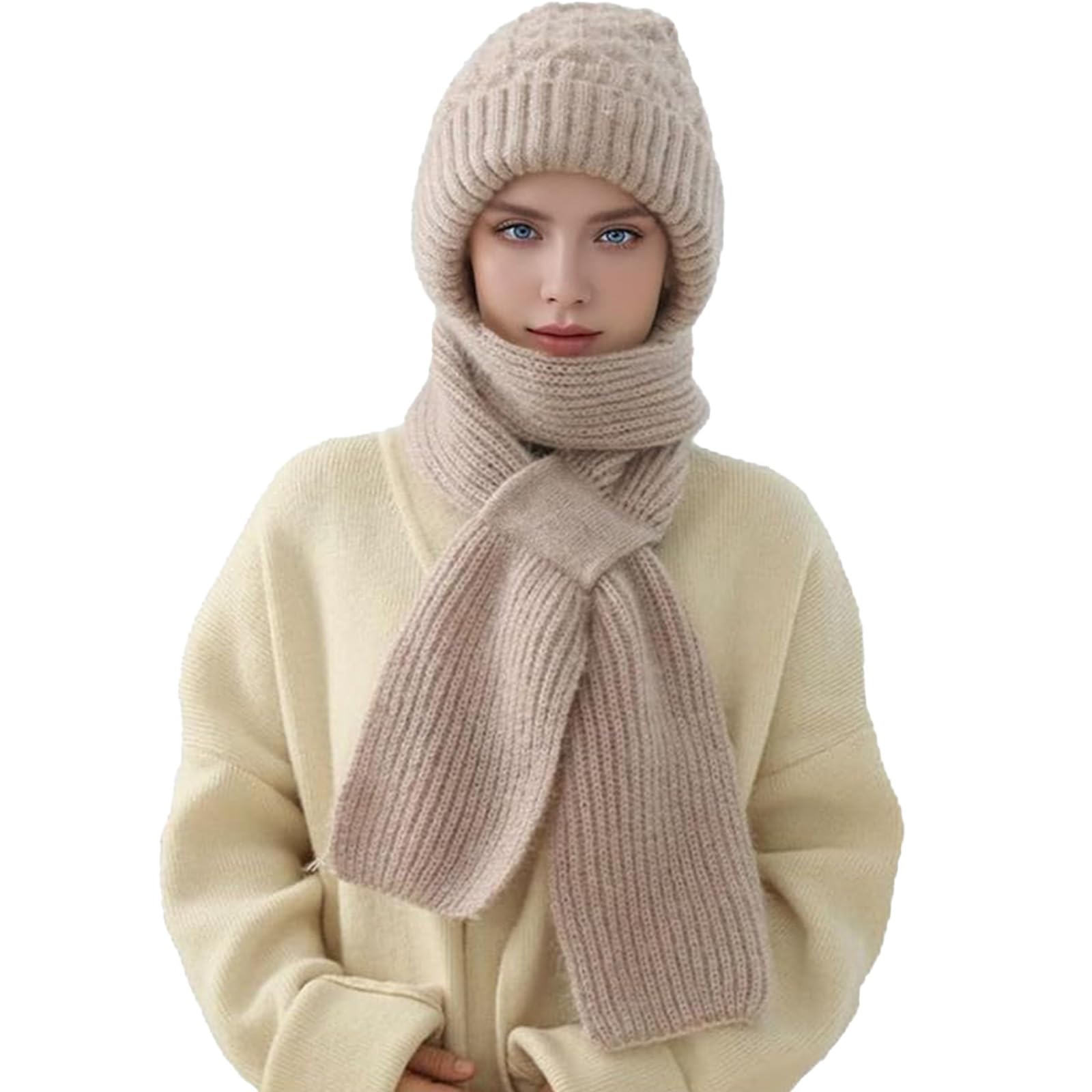 Yaepoip Winter Versatile Knitted Hooded Scarf for Women, Hat Scarf All-in-one Warm Windproof Winter Hats (Oatmeal)