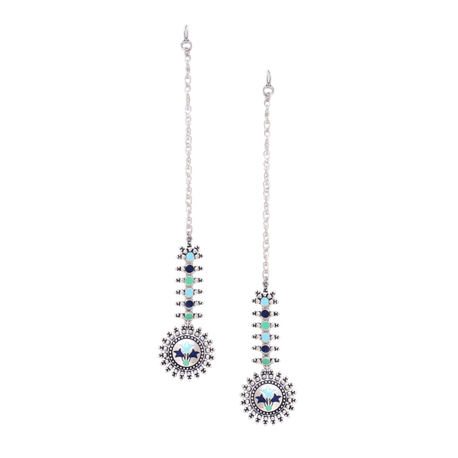 VOYLLAOxidised Silver Long Chain with Circles and Blue Studs Kanauti Dangler Earrings for Women and Girls