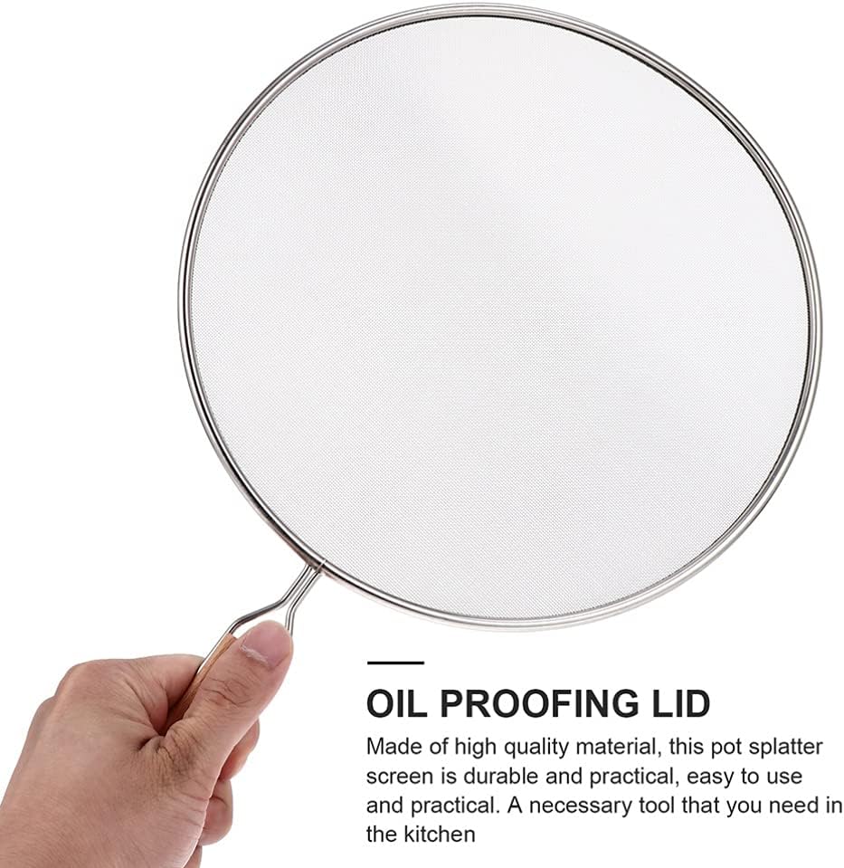 Hemoton Grease Splatter Guard Screen with Wood Handle Stainless Steel Mesh Pot Pan Lid Cover- Proof Scald Oil Proof Frying Pan Baffle for Cooking Grilling BBQ 29cm Silver