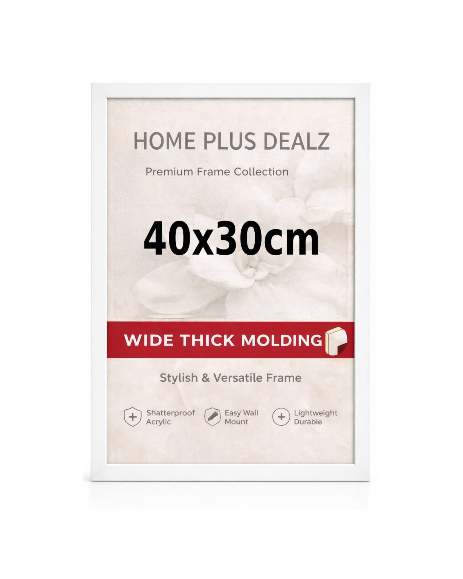 Home Plus Dealz 40x30 cm White MDF Picture Frame With Wide Moulding – Poster & Photo Display for Living Room, Bedroom or Office UK