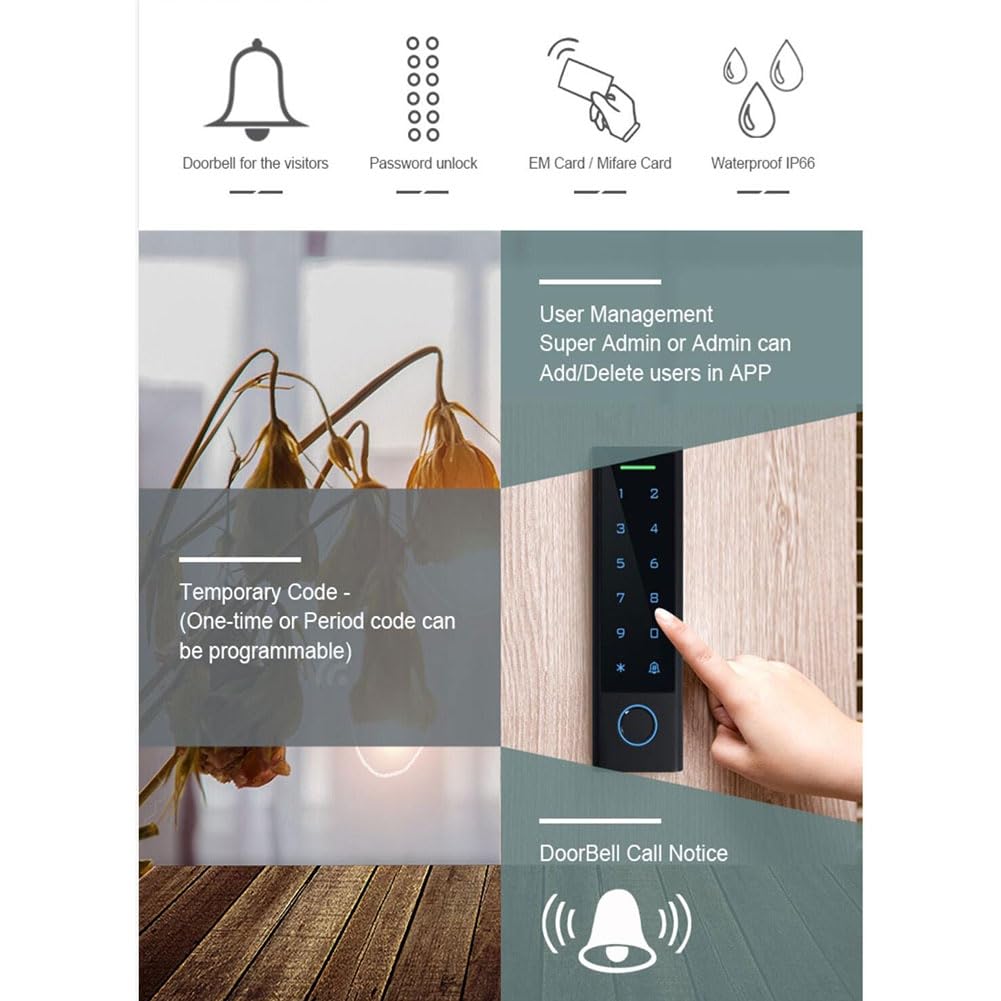 de Entrada de Puerta con Teclado Delgado de Plástico Negro Tuya WiFi TTLock, Controlador de Acceso con Huella Dactilar, Lector de Tarjetas de 125 KHz
