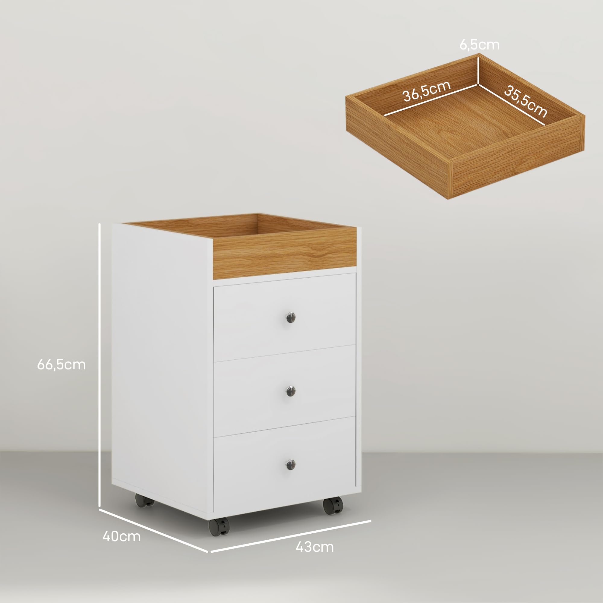 HOMCOM Meuble de Rangement, Commode de Bureau Accessoire Bureau avec 4 Roulettes, 3 Tiroirs et 1 Plateau Amovible, Charge 30 kg, pour Studio, Salon, 43 x 40 x 66,5 cm, Blanc et Naturel