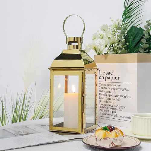 JHY DESIGN Faroles decorativos de acero inoxidable de 15 pulgadas de alto con vidrio templado, elegancia vintage para eventos interiores y