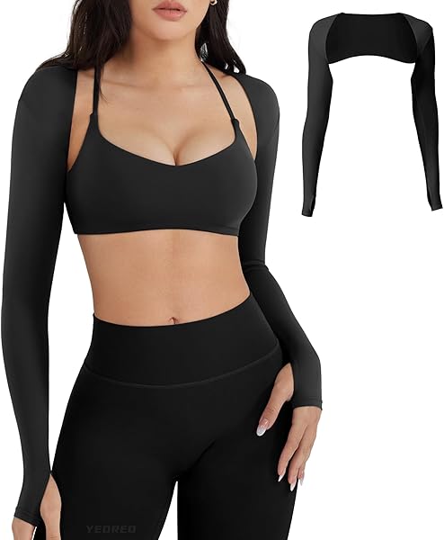 YEOREO Women Crop Top Long Sleeve Bolero Open Front Workout Cropped Shirts Sports Shrug