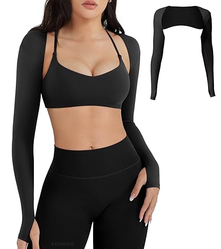 YEOREO Women Crop Top Long Sleeve Bolero Open Front Workout Cropped Shirts Sports Shrug - Black - Small