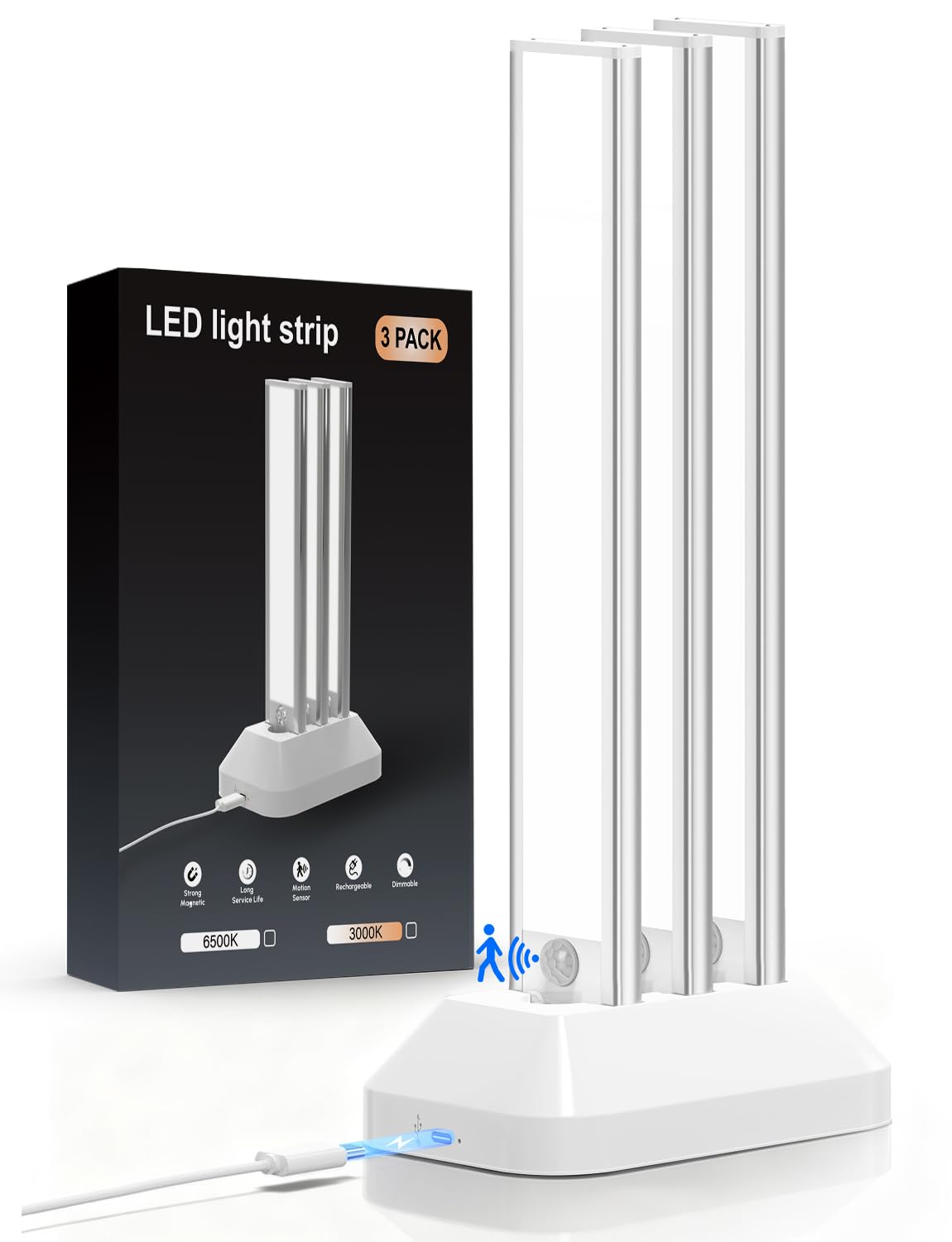 3-Pack Under Cabinet Kitchen Lights with Charging Station, Rechargeable 3200mAh LED Motion Sensor Lights Indoor, Wireless Magnetic Dimmable USB Under Counter Lights for Shelf Stairs Wardrobe Closet