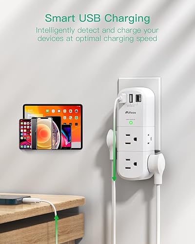 Miniatura 3 de Extensor de salida USB con protector de sobretensiones, con enchufe giratorio, 6 tomas de corriente alterna y 3 puertos USB (1 USB C), divisor de