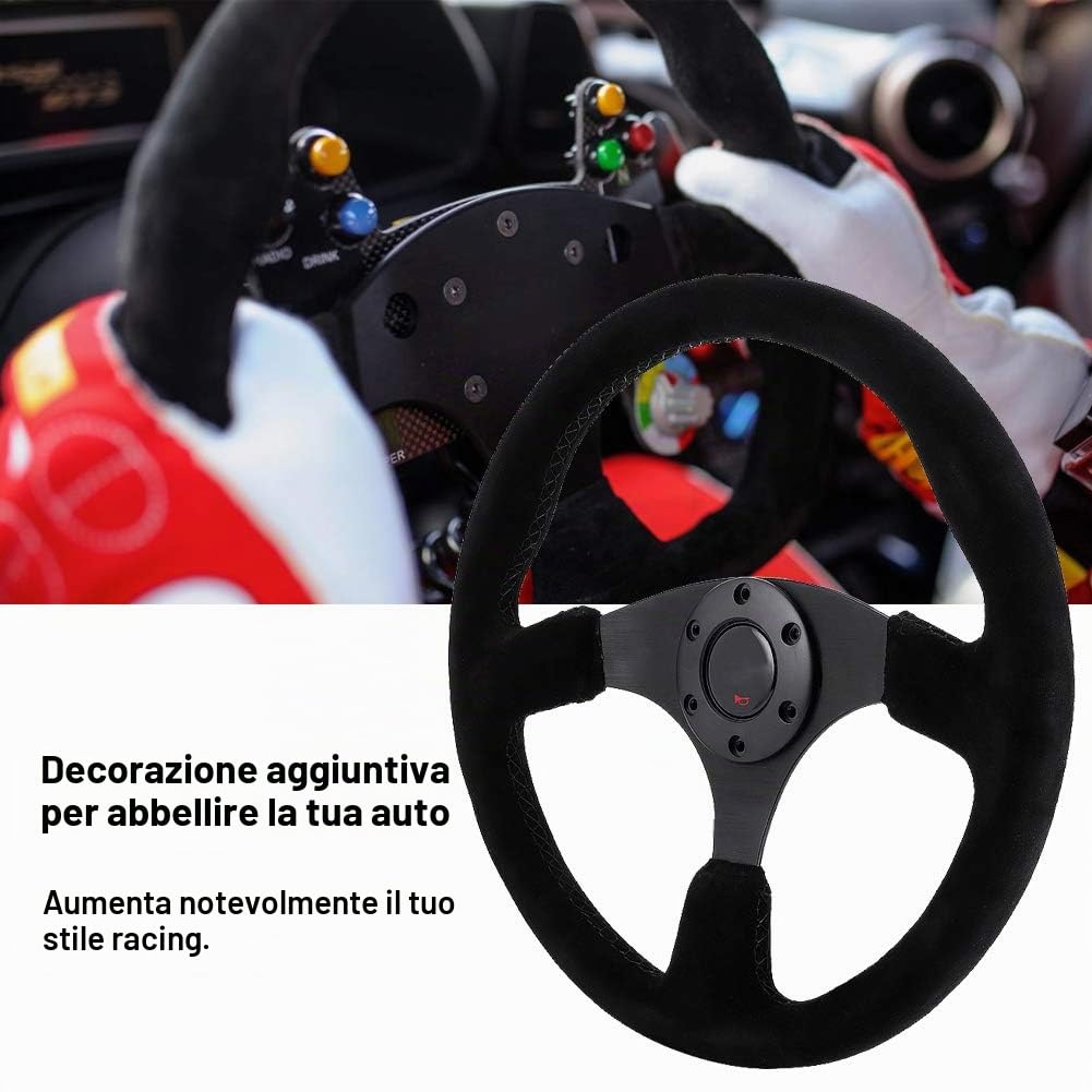 Volante Alcantara+ Volante 14 pollici / 350 mm per volante da corsa automobilistico in pelle scamosciata nera a 6 bulloni stile Cuciture nere con pulsante clacson