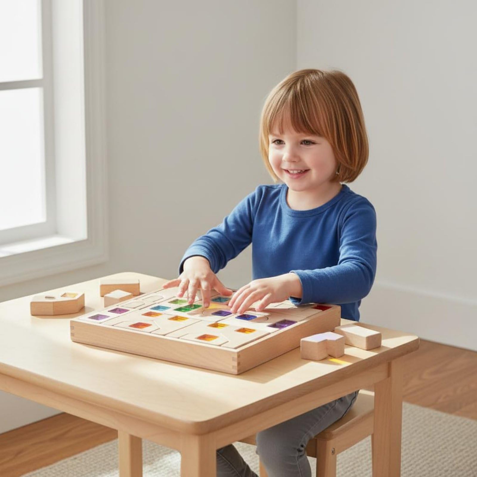Blocco Arcobaleno Trasparente Apprendimento Precoce Costruzione con Pietre Colorate Sensoriale Puzzle Castello in Legno per Bambini, Scuola Prescolare